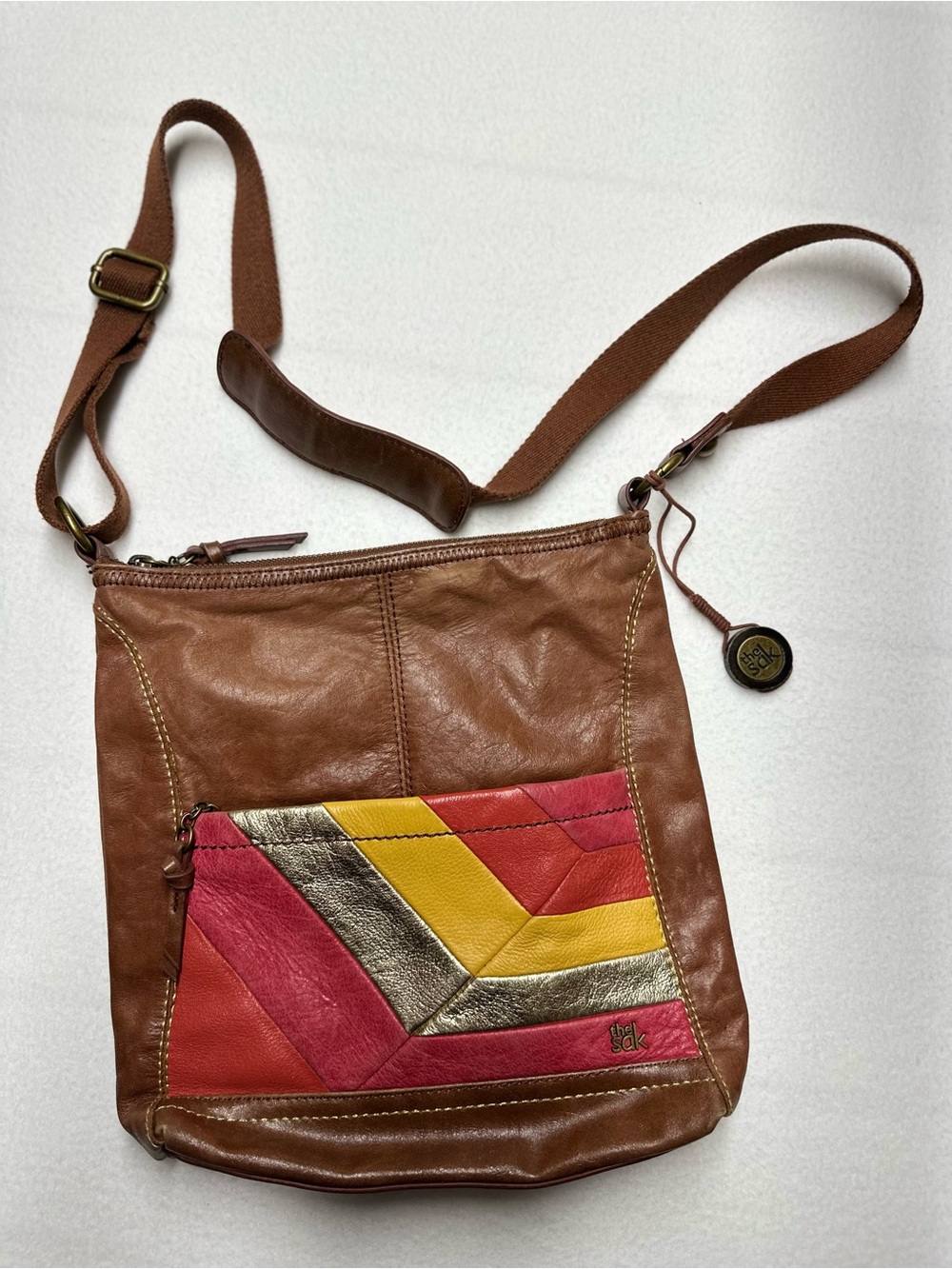 The Sak Brown 100% Leather Crossbody with Pink,Yellow and Gold Chevron Detail